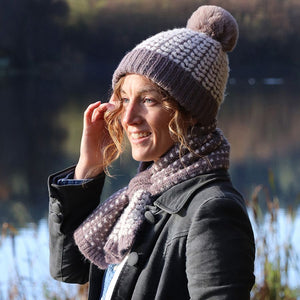 CAPPUCINO HEART KNIT HAT WITH MATCHING FAUX FUR POMPOM AND RIBBED TURN UP (50% RECYCLED YARN)