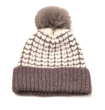 Load image into Gallery viewer, CAPPUCINO HEART KNIT HAT WITH MATCHING FAUX FUR POMPOM AND RIBBED TURN UP (50% RECYCLED YARN)
