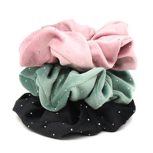 PACK OF 3 PINK, GREEN & BLACK VELVET SCRUNCHIES WITH TINY CRYSTALS