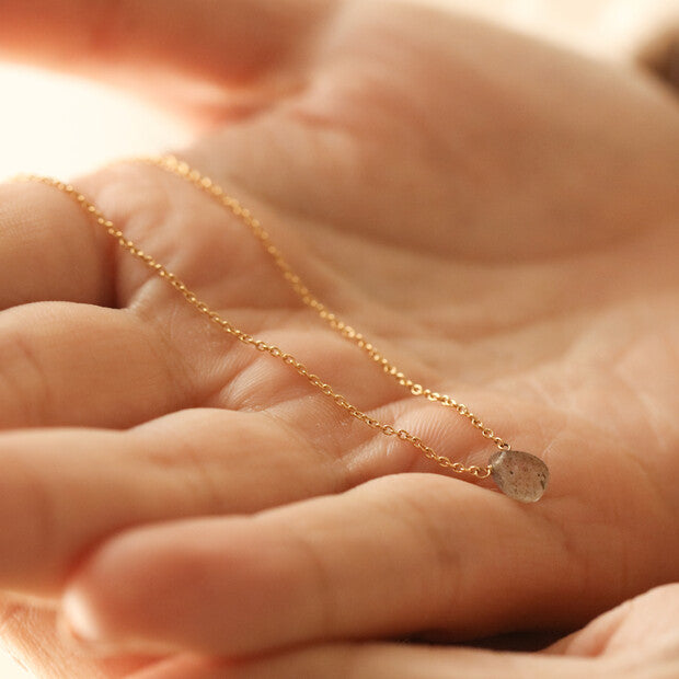 Semi-Precious Grey Labradorite Stone Teardrop Pendant Necklace in Gold