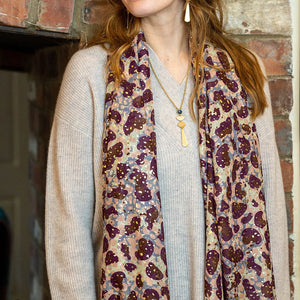 BURGUNDY MIX ANIMAL PRINT RECYCLED/REPREVE SCARF WITH GOLD SPECKLE FOIL OVERLAY