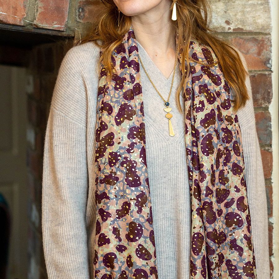BURGUNDY MIX ANIMAL PRINT RECYCLED/REPREVE SCARF WITH GOLD SPECKLE FOIL OVERLAY