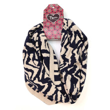 Load image into Gallery viewer, OATMEAL  NAVY FINE KNIT ANIMAL STRIPE RECYCLED POLY  VISCOSE SNOOD
