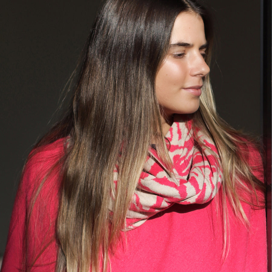 OATMEAL  RASBERRY FINE KNIT ANIMAL STRIPE RECYCLED POLY  VISCOSE SNOOD