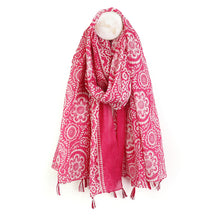 Load image into Gallery viewer, CERISE PAISLEY FLORAL PRINT ORGANIC COTTON SCARF WITH TASSELS

