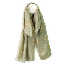 Load image into Gallery viewer, MUTED OLIVE GREEN GOLD FOIL GINKO LEAF SCARF
