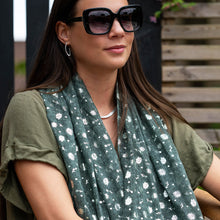 Load image into Gallery viewer, DUSKY GREEN-GREY SILVER FOIL FLORAL PRINT SCARF
