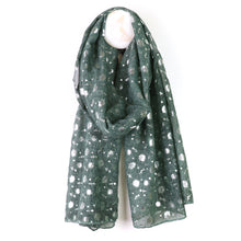 Load image into Gallery viewer, DUSKY GREEN-GREY SILVER FOIL FLORAL PRINT SCARF
