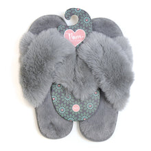 Load image into Gallery viewer, PALE GREY FAUX FUR CROSS OVER LUXURY SLIPPER SIZE MED/LARGE (UK 6-8)
