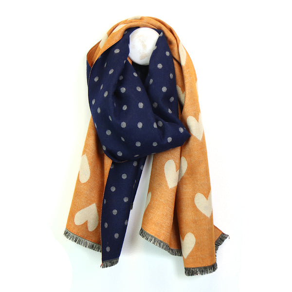 NAVY/ORANGE REVERSIBLE DOT AND HEART JACQUARD SCARF