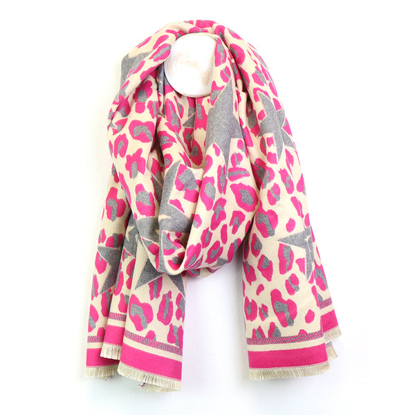 BRIGHT PINK CREAM REVERSIBLE JACQUARD WITH LARGE STAR AND ANIMAL PRINT