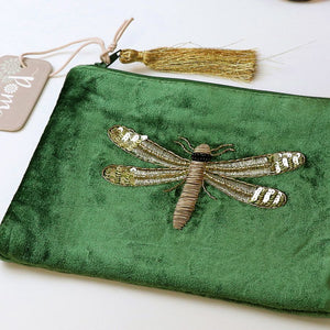 EMERALD GREEN EMBROIDERED AND BEADED DRAGONFLY FLAT VELVET PURSE WITH ZIP TASSEL