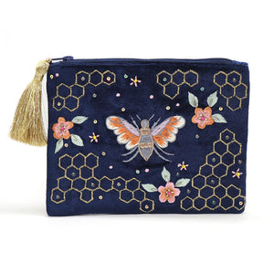 NAVY VELVET BEE AND HONEYCOMB EMBROIDERED PURSE WITH GOLD ZIP TASSEL