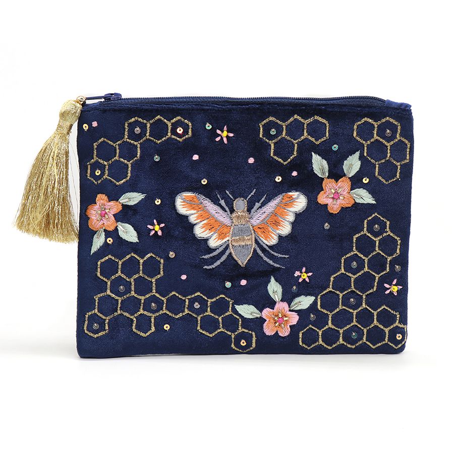 NAVY VELVET BEE AND HONEYCOMB EMBROIDERED PURSE WITH GOLD ZIP TASSEL