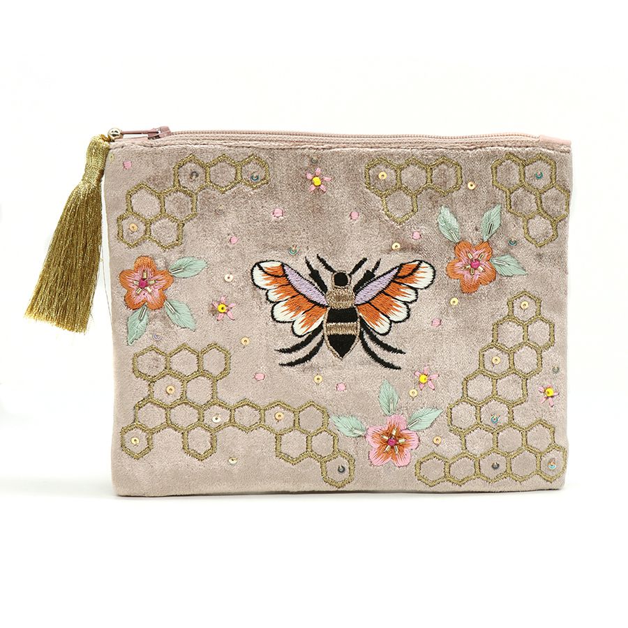GOLDEN VELVET BEE AND HONEYCOMB EMBROIDERED PURSE WITH ZIP TASSEL