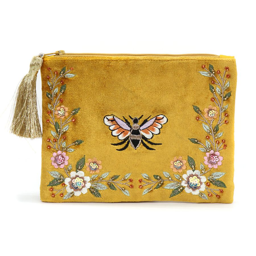 MUSTARD VELVET BEE FLORAL EMBROIDERED PURSE WITH ZIP TASSEL
