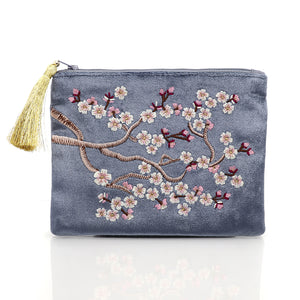 COBALT BLUE VELVET ZIP PURSE/POUCH WITH SAKURA EMBROIDERY