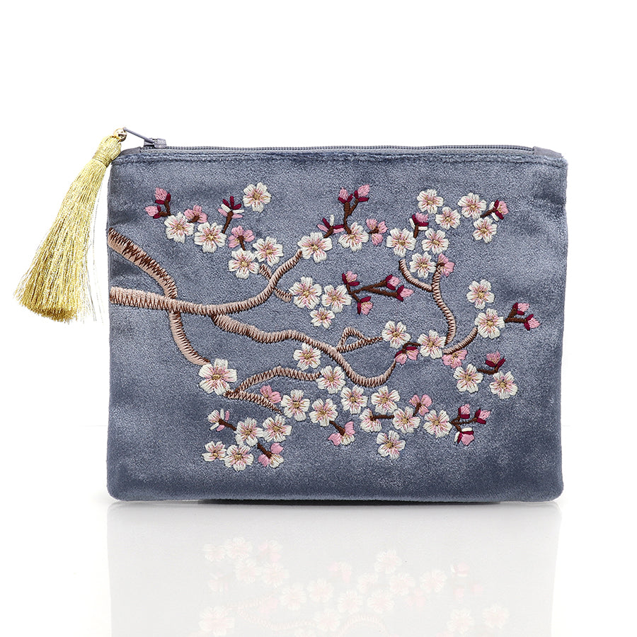 COBALT BLUE VELVET ZIP PURSE/POUCH WITH SAKURA EMBROIDERY