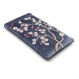 COBALT BLUE VELVET GLASSES CASE WITH SAKURA EMBROIDERY