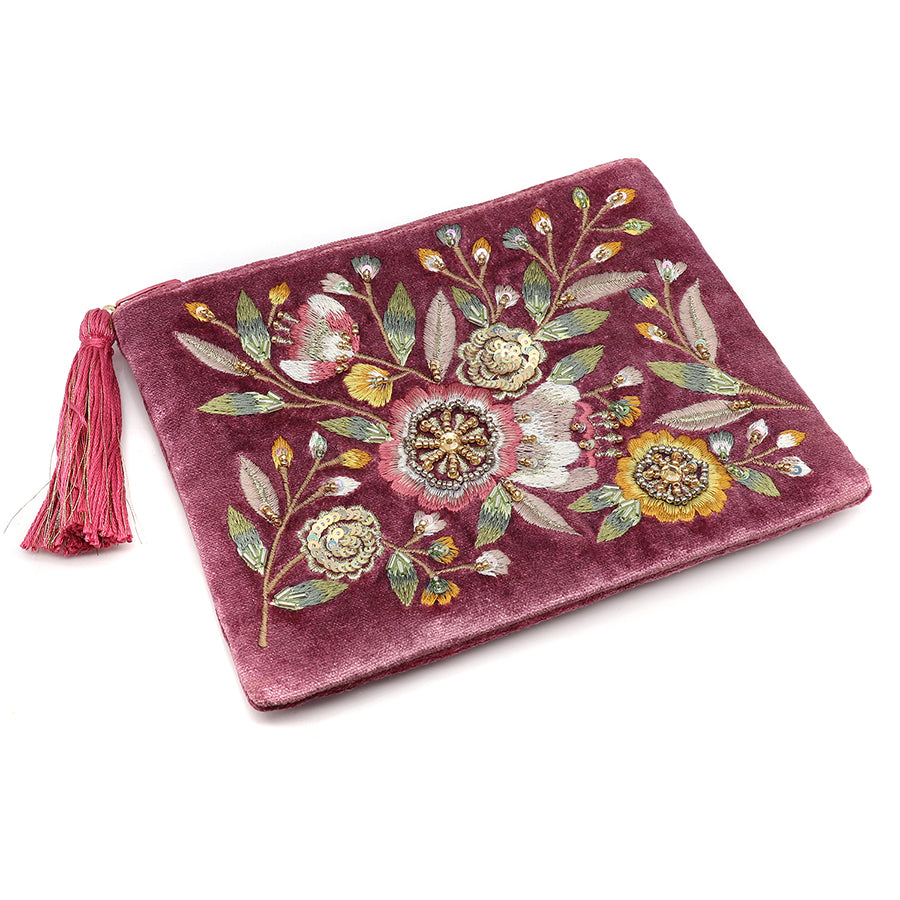 BLUSH PINK VELVET ZIP PURSE/POUCH WITH VINTAGE STYLE FLORAL EMBROIDERY