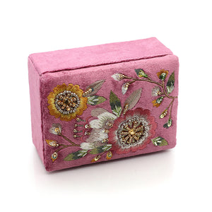 BLUSH PINK VELVET SMALL JEWELLERY BOX WITH VINTAGE STYLE FLORAL EMBROIDERY