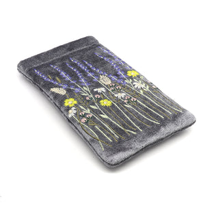 SMOKEY GREY VELVET GLASSES CASE WITH LAVENDER MEADOW EMBROIDERY