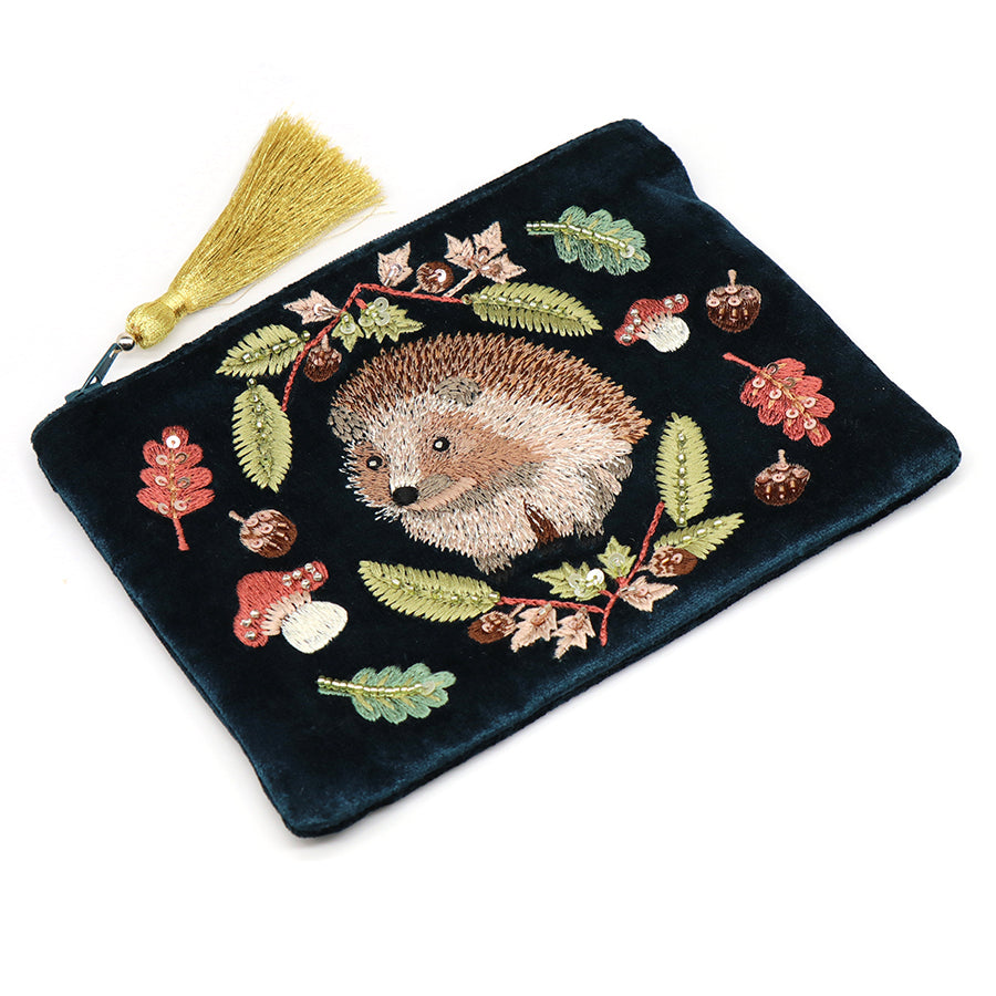 DARK TEAL VELVET WITH HEDGEHOG AND AUTUMNAL LEAVES EMBROIDERED PURSE WITH TASSEL ZIP