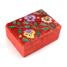 Load image into Gallery viewer, CORAL RED VELVET PANSIES EMBROIDERED SMALL JEWELLERY BOX

