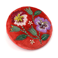 Load image into Gallery viewer, CORAL RED VELVET PANSIES EMBROIDERED POCKET COMPACT MIRROR

