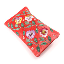 Load image into Gallery viewer, CORAL RED VELVET PANSIES EMBROIDERED GLASSES CASE

