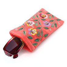 Load image into Gallery viewer, CORAL RED VELVET PANSIES EMBROIDERED GLASSES CASE
