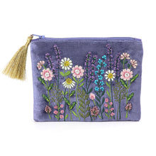 Load image into Gallery viewer, LILAC-BLUE VELVET MULTI FLOWER MEADOW EMBROIDERED ZIP PURSE/POUCH
