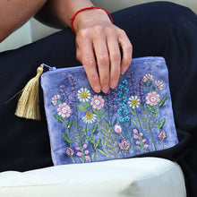 Load image into Gallery viewer, LILAC-BLUE VELVET MULTI FLOWER MEADOW EMBROIDERED ZIP PURSE/POUCH
