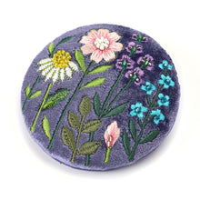 Load image into Gallery viewer, LILAC-BLUE VELVET MULTI FLOWER MEADOW EMBROIDERED POCKET COMPACT MIRROR
