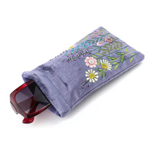 Load image into Gallery viewer, LILAC-BLUE VELVET MULTI FLOWER MEADOW EMBROIDERED GLASSES CASE

