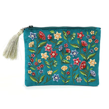 Load image into Gallery viewer, TEAL VELVET FLORAL EMBROIDERED ZIP PURSE/POUCH
