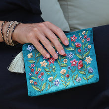 Load image into Gallery viewer, TEAL VELVET FLORAL EMBROIDERED ZIP PURSE/POUCH
