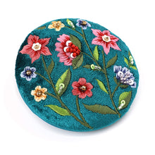 Load image into Gallery viewer, TEAL VELVET FLORAL EMBROIDERED POCKET COMPACT MIRROR
