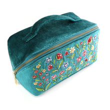 Load image into Gallery viewer, TEAL VELVET FLORAL EMBROIDERED FOLD OUT VANITY CASE
