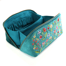 Load image into Gallery viewer, TEAL VELVET FLORAL EMBROIDERED FOLD OUT VANITY CASE
