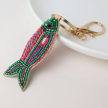 Load image into Gallery viewer, PINK GREEN BEADED FISH BAG CHARM KEY RING
