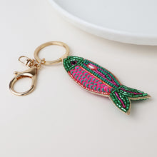 Load image into Gallery viewer, PINK GREEN BEADED FISH BAG CHARM KEY RING
