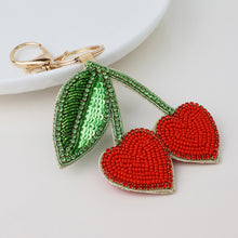 Load image into Gallery viewer, BEADED HEART CHERRIES BAG CHARM KEY RING
