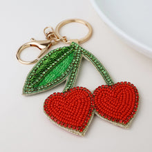 Load image into Gallery viewer, BEADED HEART CHERRIES BAG CHARM KEY RING
