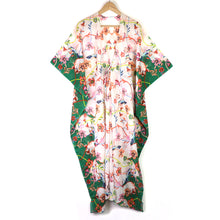 Load image into Gallery viewer, GREEN WHITE MULTI FLORAL ORGANIC COTTON LONG BEACH COVER UP KAFTAN WITH WAIST TIE
