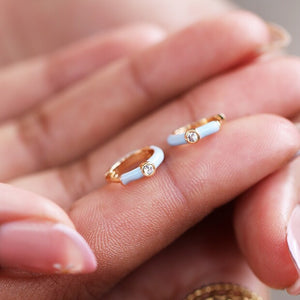 Baby Blue Enamel Crystal Huggie Hoop Earrings in Gold