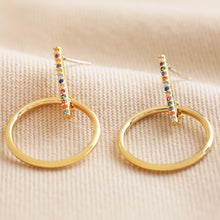 Load image into Gallery viewer, Rainbow Crystal Bar and Ring Drop Earrings in Gold
