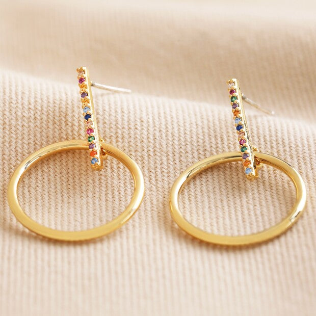 Rainbow Crystal Bar and Ring Drop Earrings in Gold