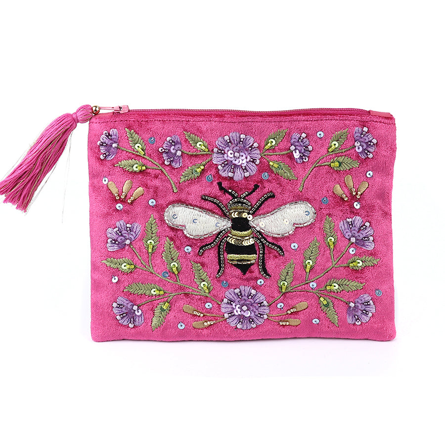 BRIGHT PINK VELVET ZIP PURSE/POUCH WITH BEE IN FLORAL EMBROIDERY
