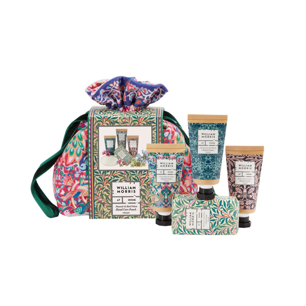 William Morris At Home Peacock & Bird Velvet Hand Care Pouch (Assorted Hand Creams 3x30ml, Guest Soap 50g)